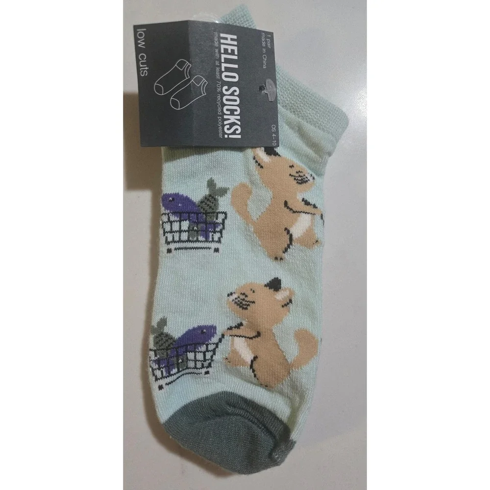 Hello Socks! Cat Shopping for Fish Low Cut Ankle Socks 6 Pair Set Aqua Grey OS